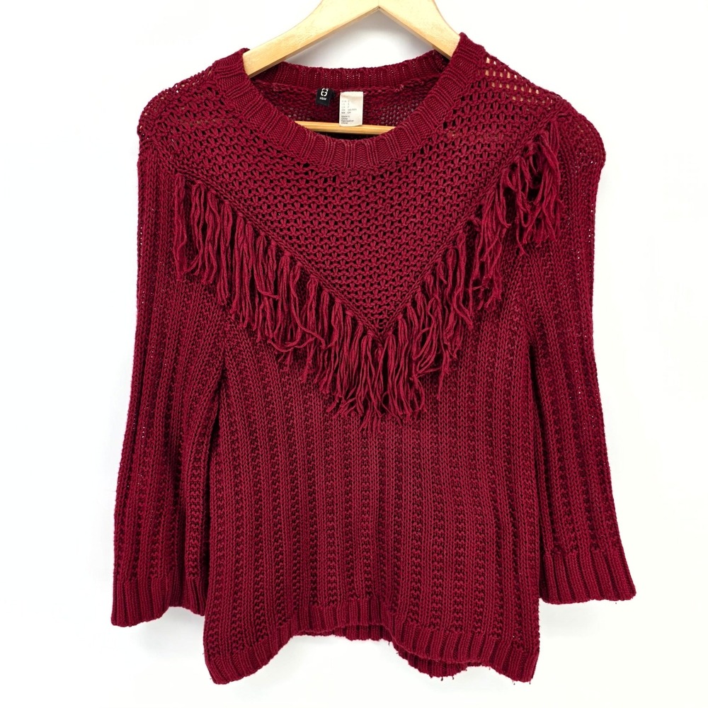 H&M‎ Divided Fringe Sweater Womens Small Burgundy Red Boho Western Chunky Knit